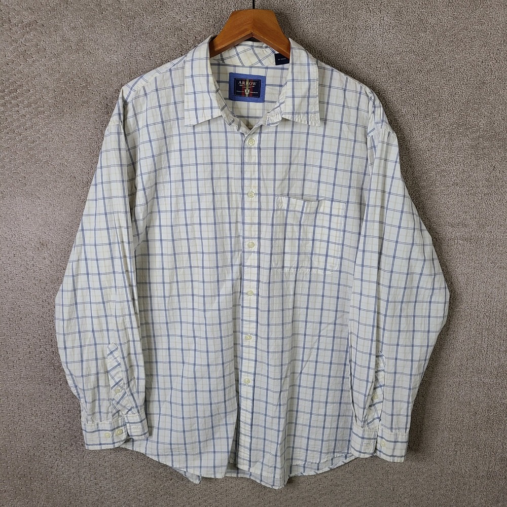Arrow Shirt Mens XL White Blue Plaid Button Down Cotton Long Sleeve Casual